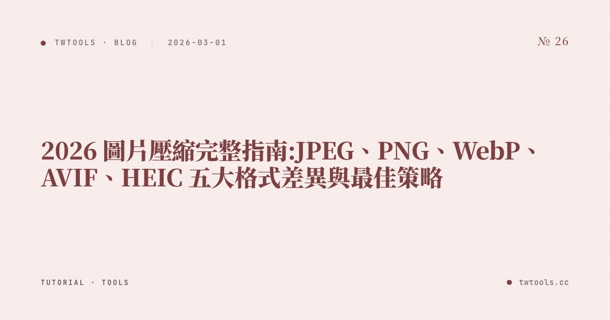 2026 圖片壓縮完整指南:JPEG、PNG、WebP、AVIF、HEIC 五大格式差異與最佳策略